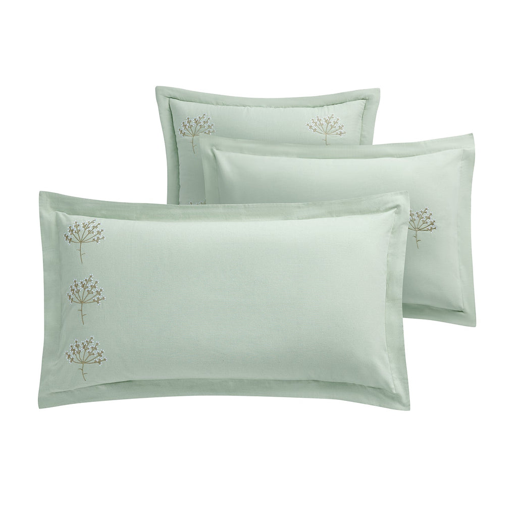 Meadow Seafoam Green Sprig Embroidered Linen Blend King Size Oxford Pillowcases - Pair