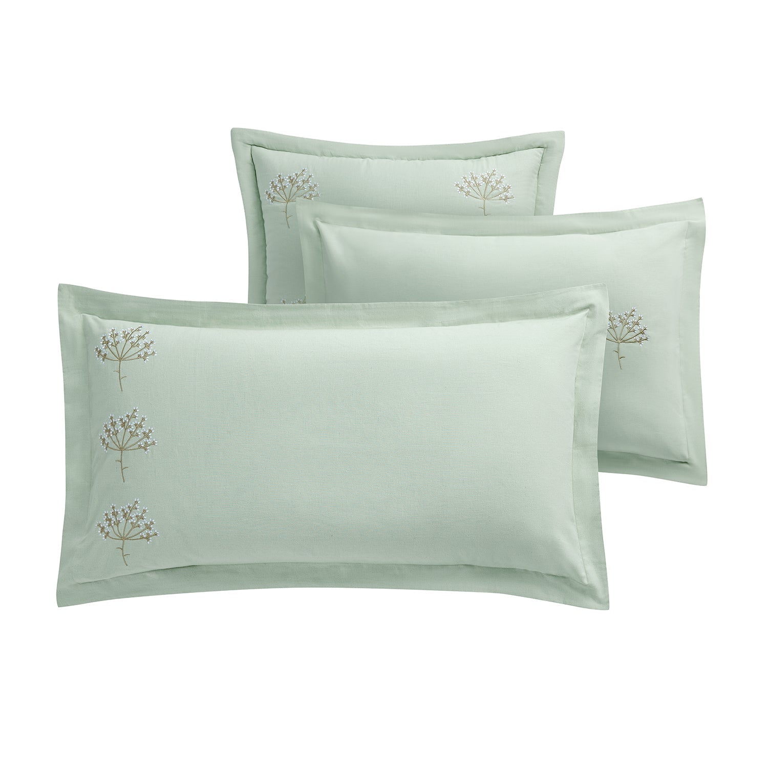 Meadow Seafoam Green Sprig Embroidered Linen Blend King Size Oxford Pillowcases - Pair
