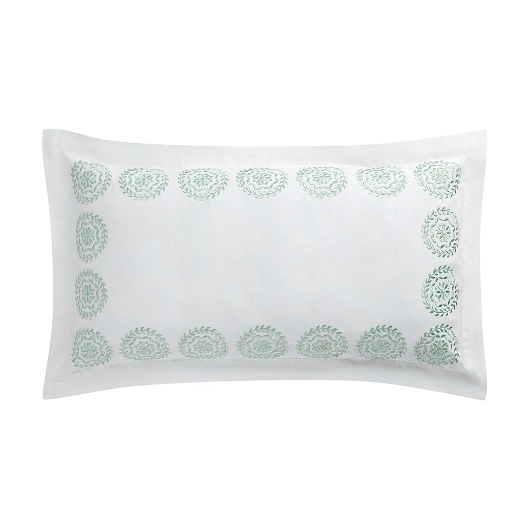Elodie White & Seafoam Green Floral Embroidered 300 Thread Count Cotton Percale King Size Oxford Pillowcases - Pair