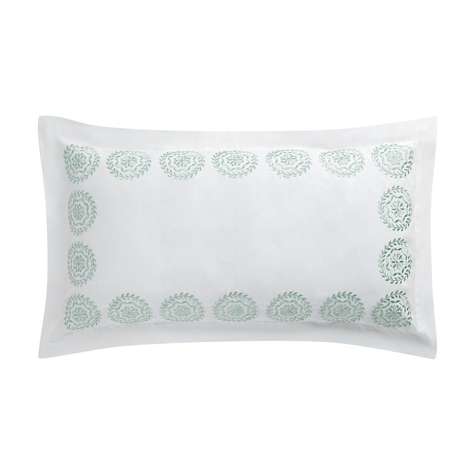 Elodie White & Seafoam Green Floral Embroidered 300 Thread Count Cotton Percale King Size Oxford Pillowcases - Pair