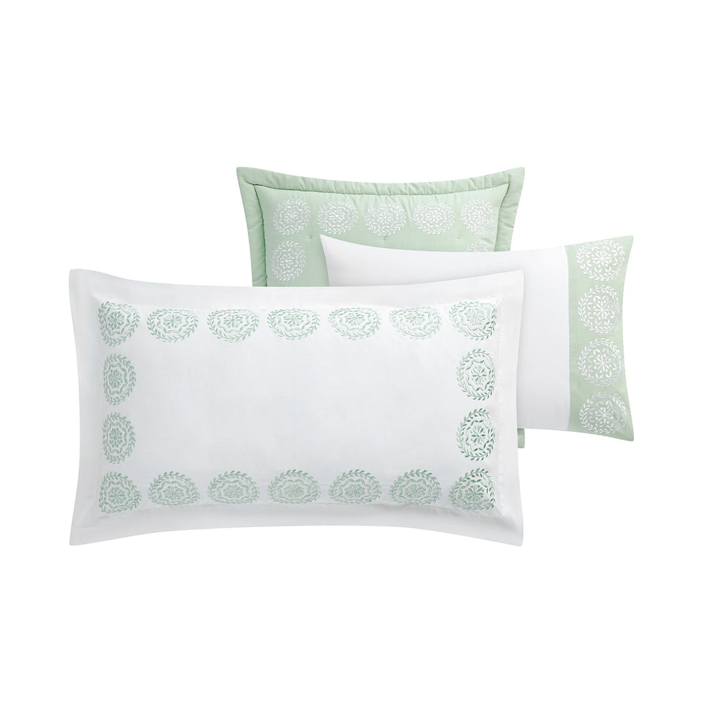 Elodie White & Seafoam Green Floral Embroidered 300 Thread Count Cotton Percale King Size Oxford Pillowcases - Pair