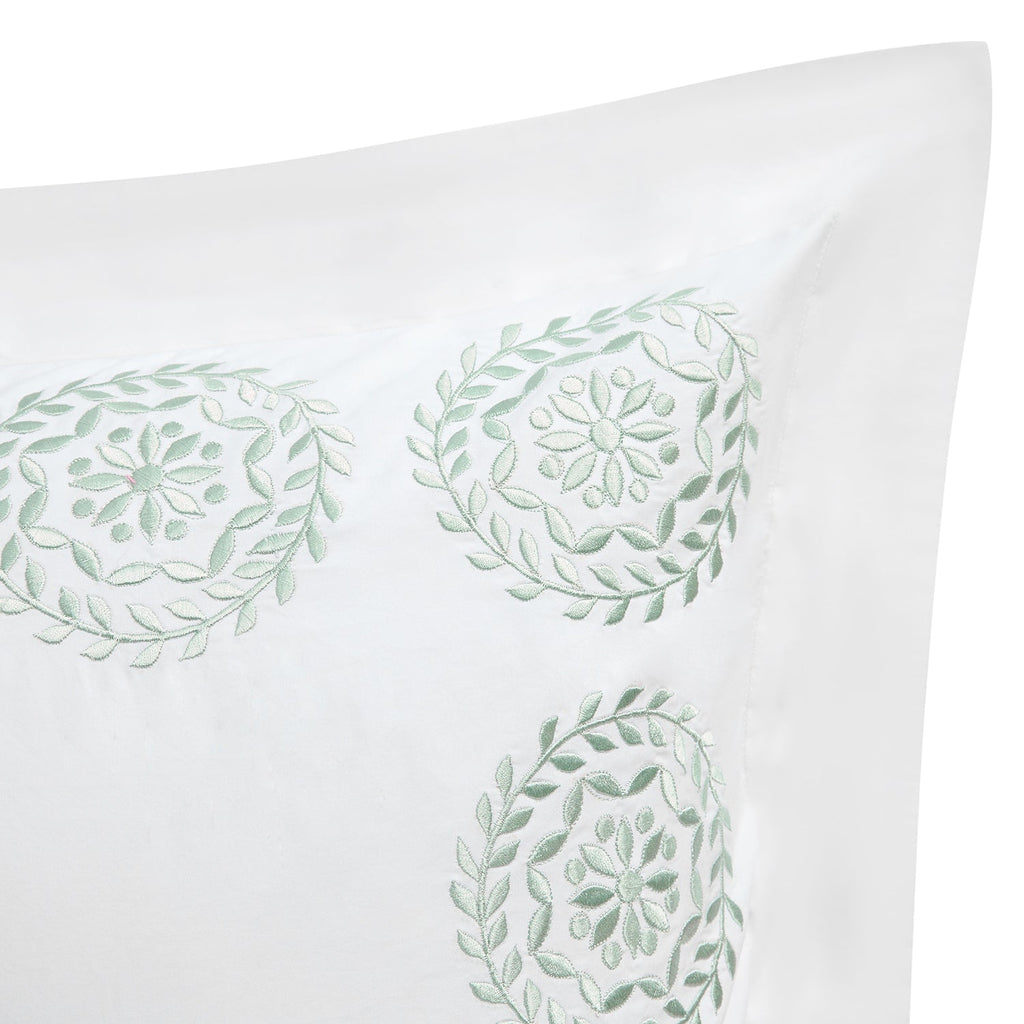 Elodie White & Seafoam Green Floral Embroidered 300 Thread Count Cotton Percale King Size Oxford Pillowcases - Pair
