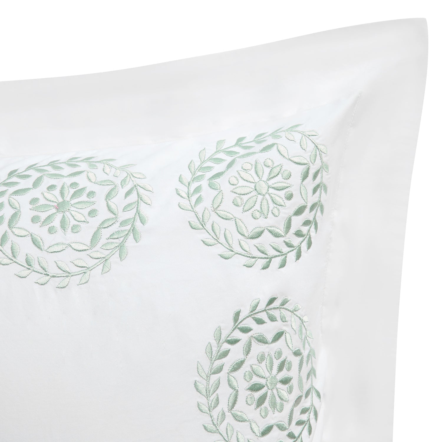 Elodie White & Seafoam Green Floral Embroidered 300 Thread Count Cotton Percale King Size Oxford Pillowcases - Pair