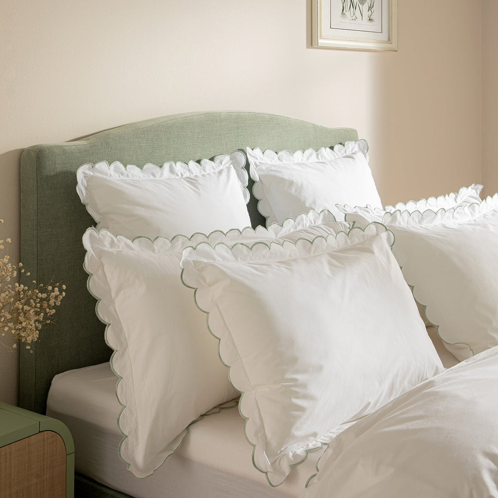 Margot Pistachio Green Embroidered Scallop 300 Thread Count Cotton Percale Pillowcases - Pair