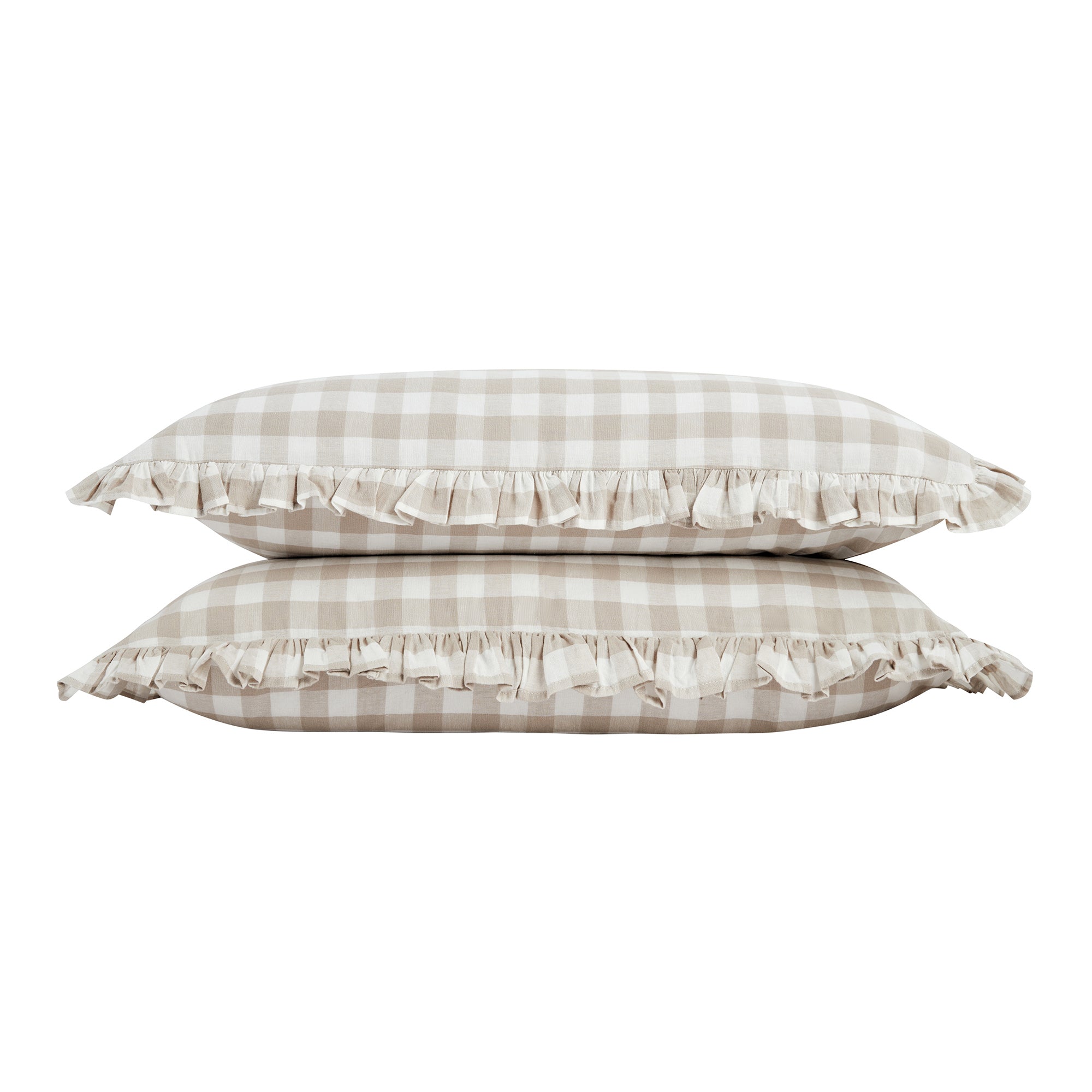 Matilda Beige Gingham Ruffle Linen Blend Pillowcases - Pair
