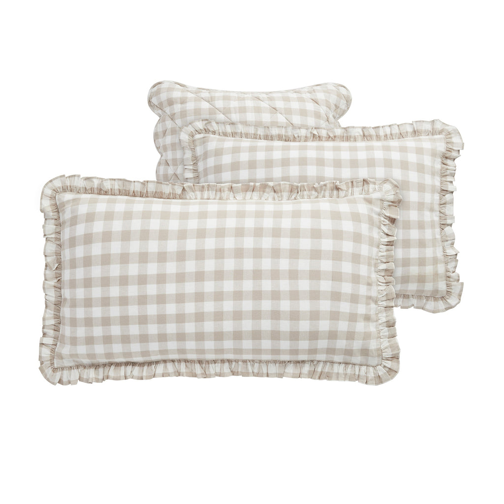 Matilda Beige Gingham Ruffle Linen Blend Pillowcases - Pair
