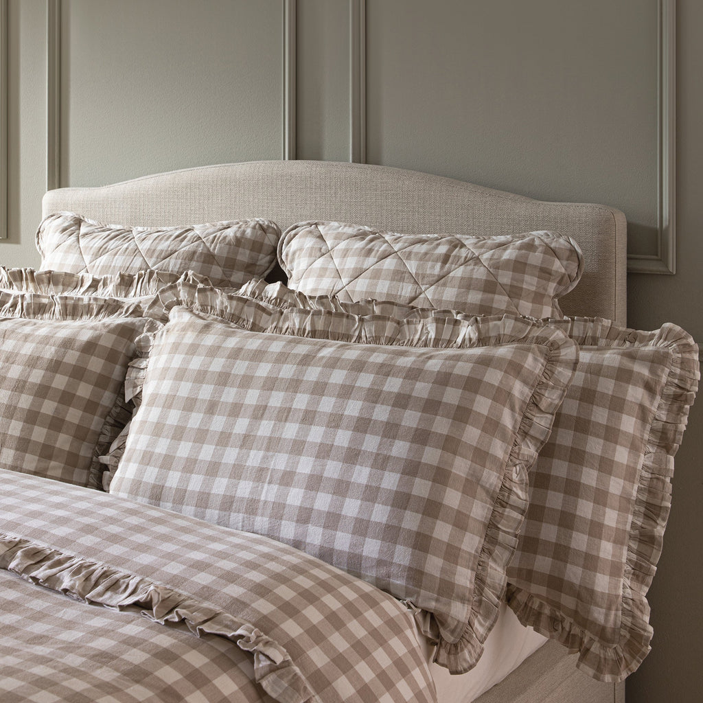 Matilda Beige Gingham Ruffle Linen Blend Pillowcases - Pair
