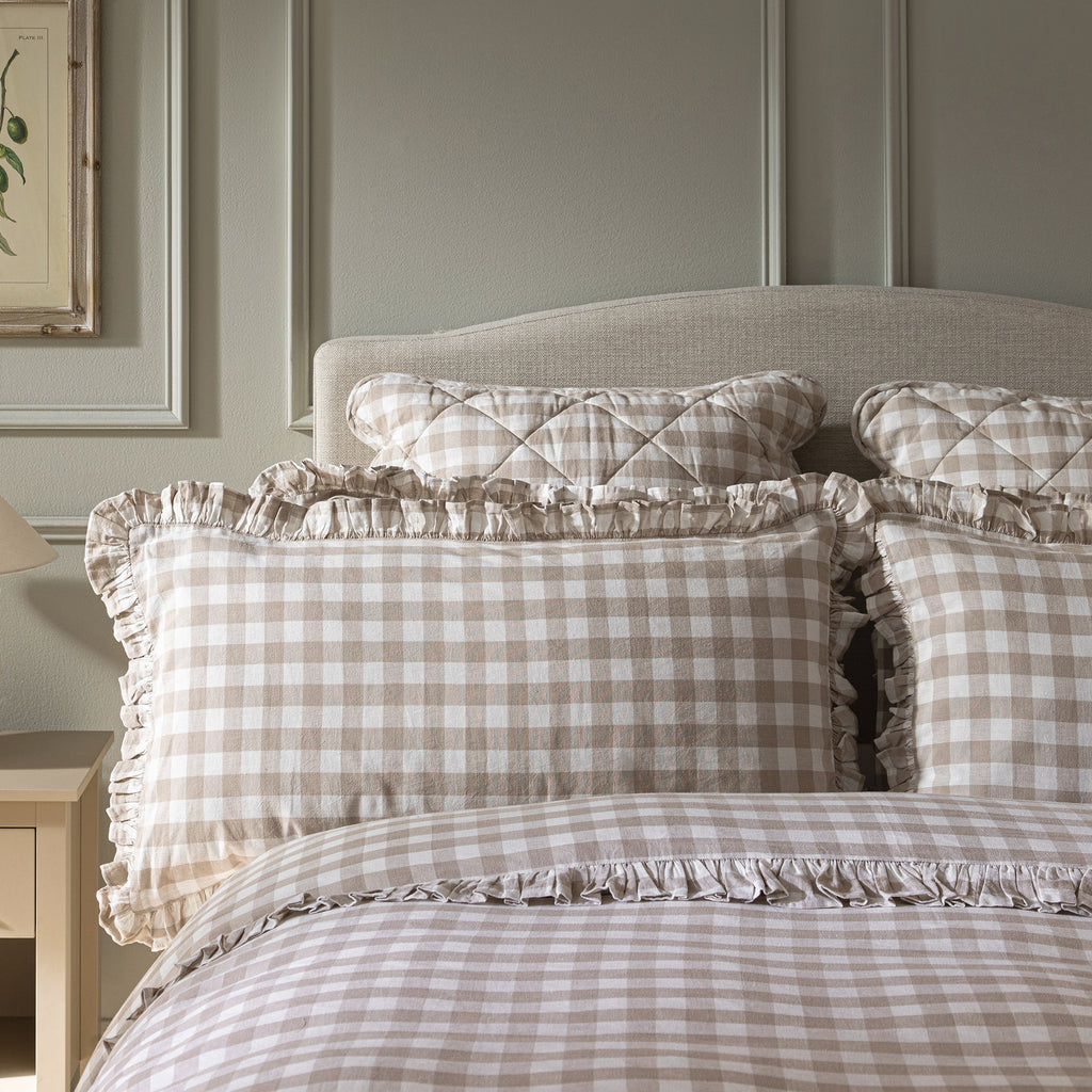 Matilda Beige Gingham Ruffle Linen Blend Pillowcases - Pair