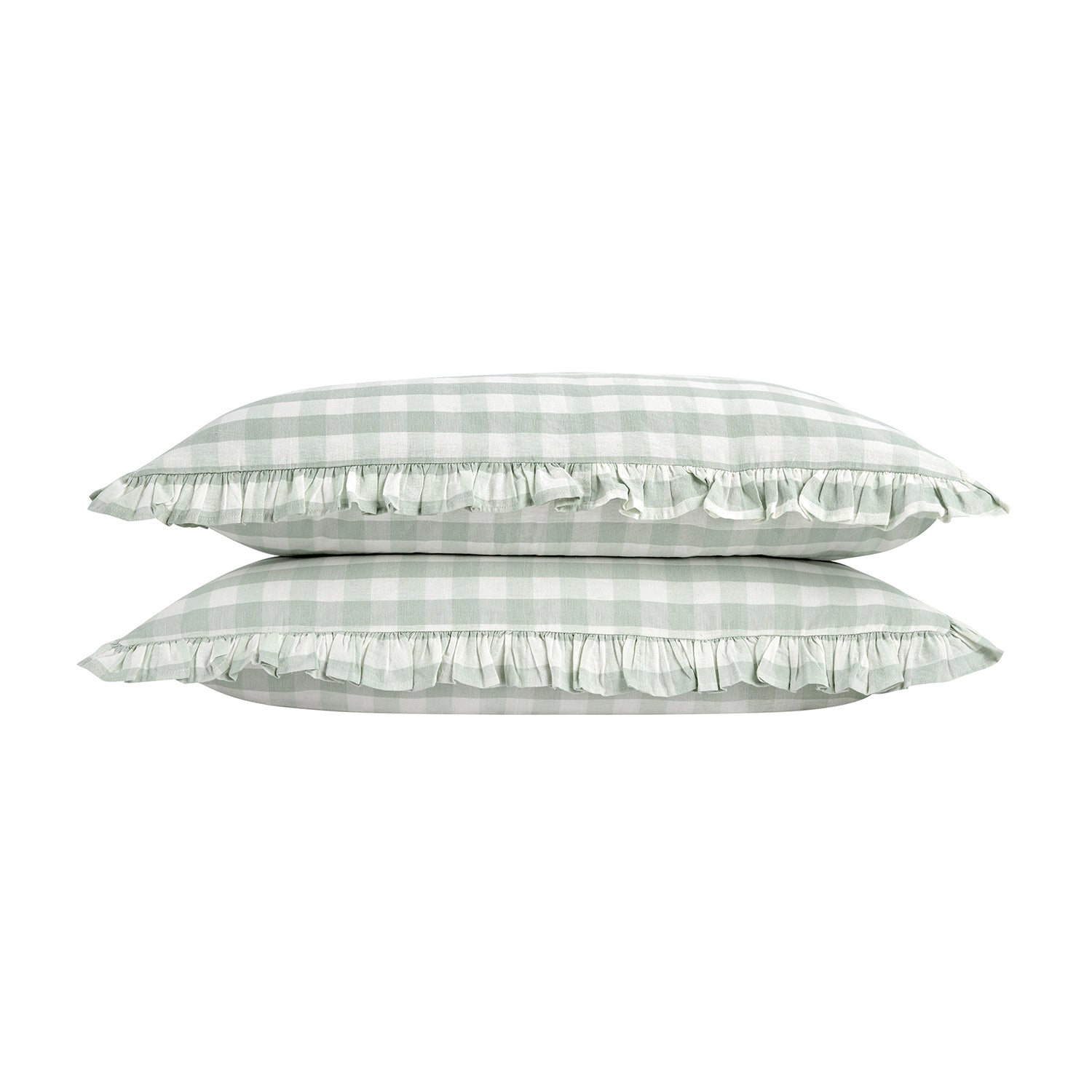 Matilda Sage Green Gingham Ruffle Linen Blend Pillowcases - Pair