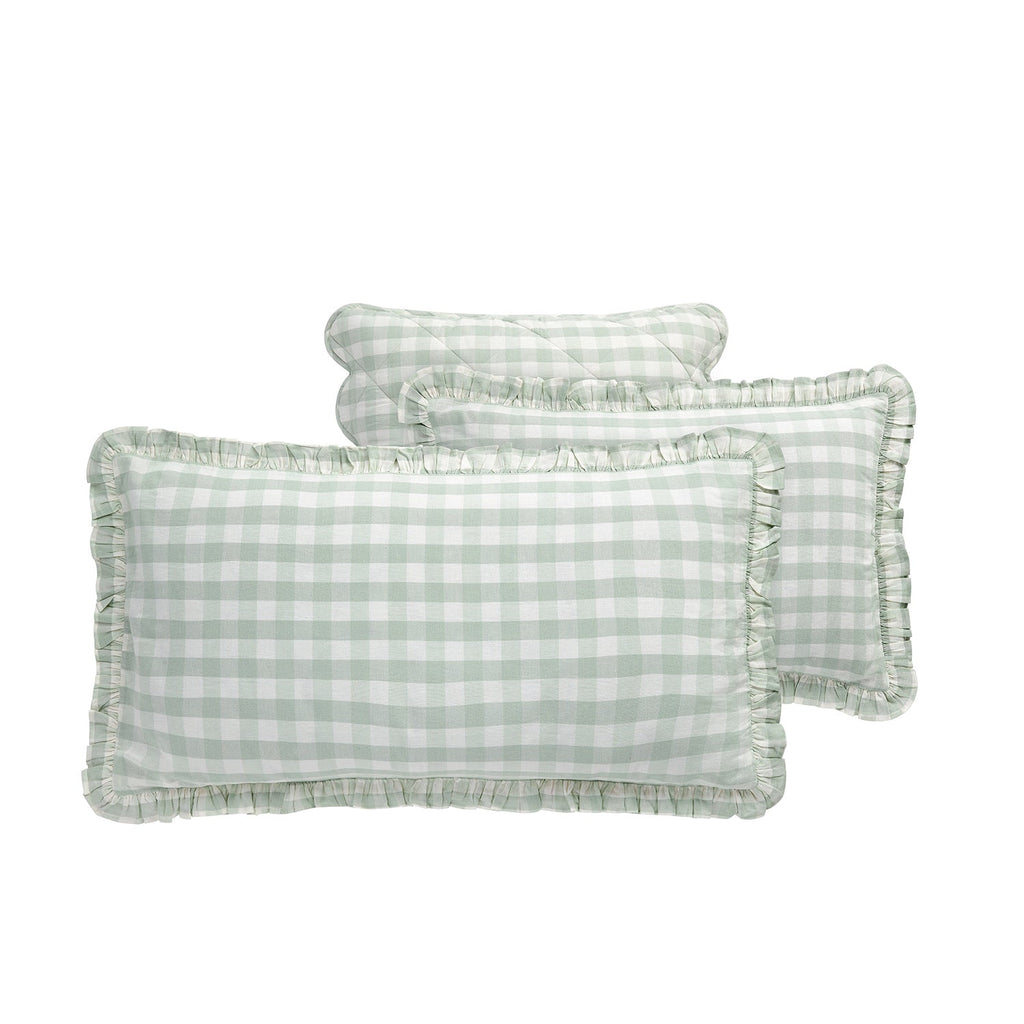 Matilda Sage Green Gingham Ruffle Linen Blend Pillowcases - Pair