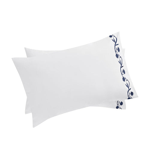 Adeline Midnight Blue Floral Embroidered 600 Thread Count Cotton Sateen Regular Pillowcases - Pair