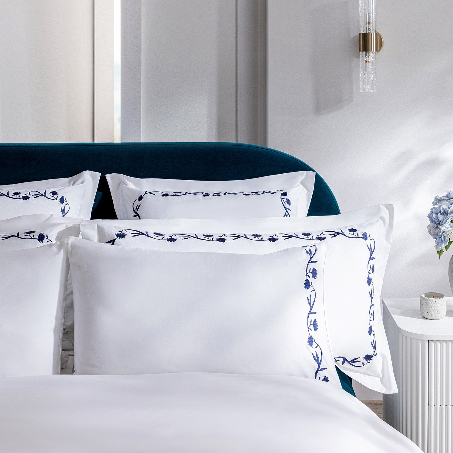 Adeline Midnight Blue Floral Embroidered 600 Thread Count Cotton Sateen Regular Pillowcases - Pair