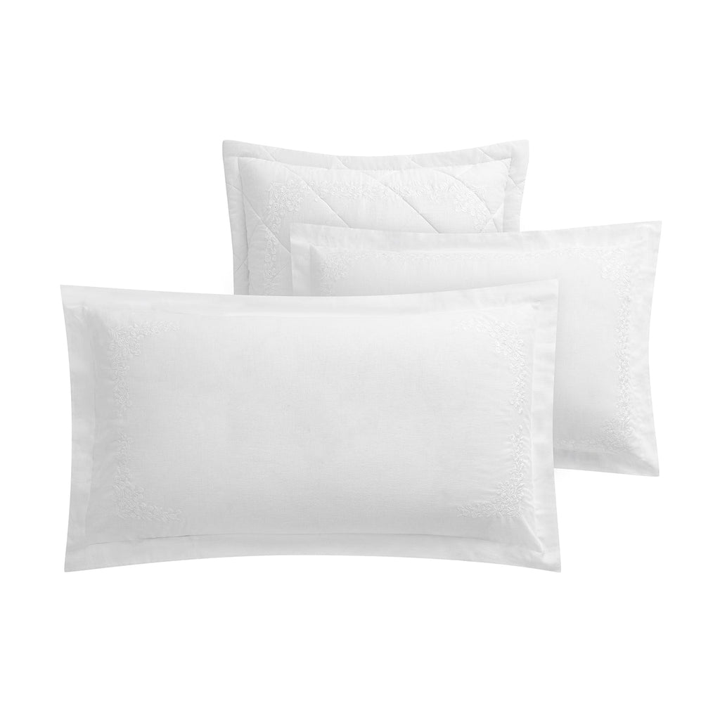 Esmeralda White Floral Embroidered Linen Blend Regular Oxford Pillowcases - Pair
