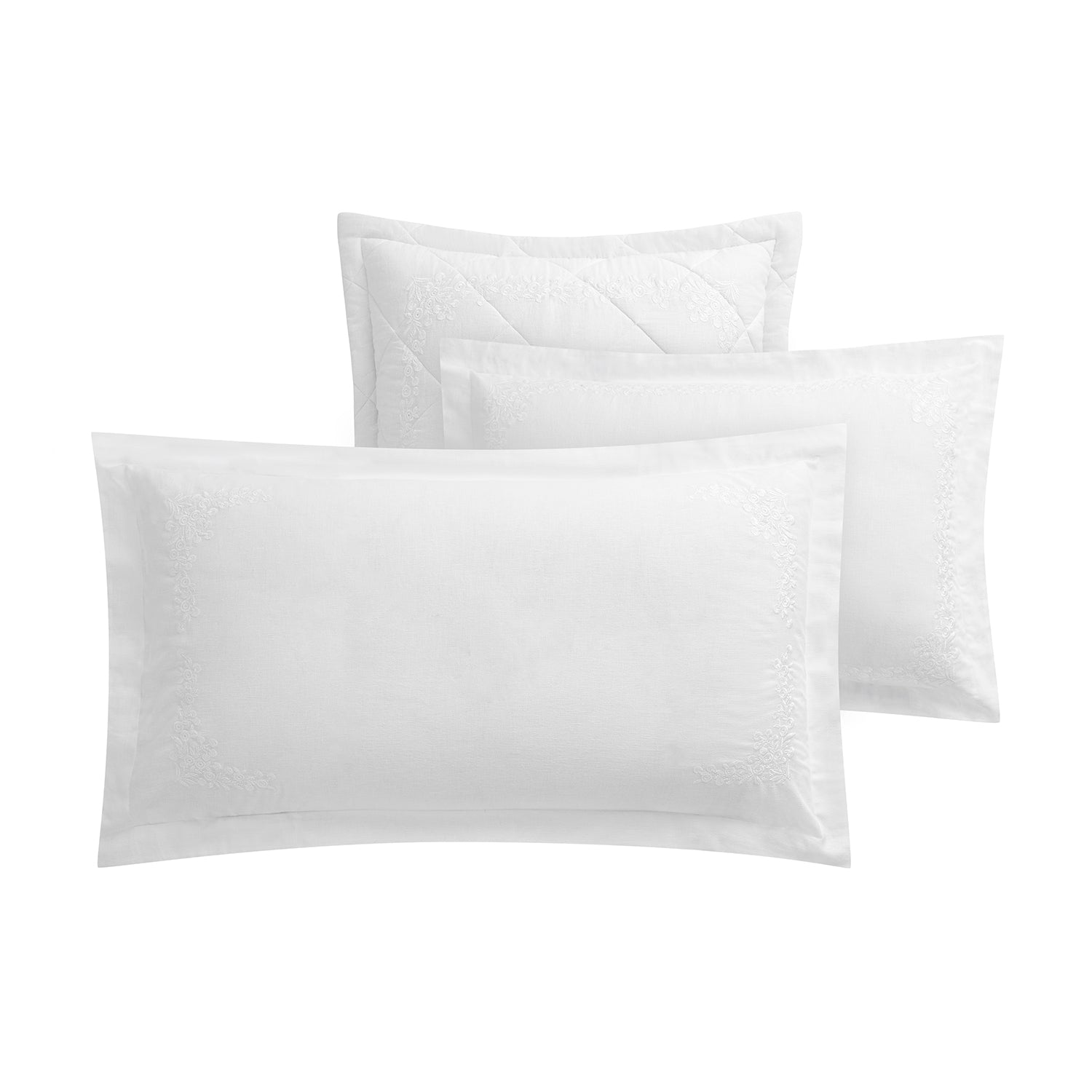 Esmeralda White Floral Embroidered Linen Blend Regular Oxford Pillowcases - Pair