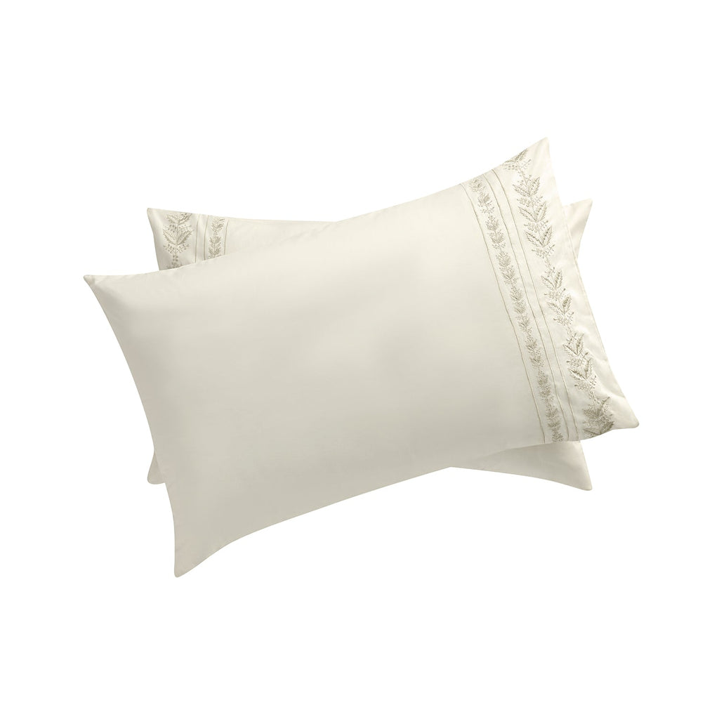 Gabrielle Ivory Leaf Embroidered 600 Thread Count Cotton Sateen Regular Pillowcases - Pair