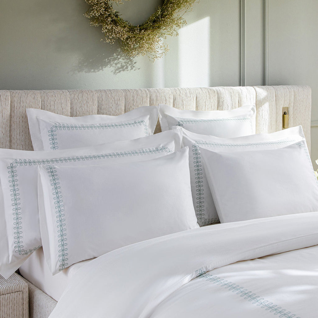 Milano Sea Spray Green Knot Embroidered 600 Thread Count Cotton Sateen Regular Pillowcases - Pair