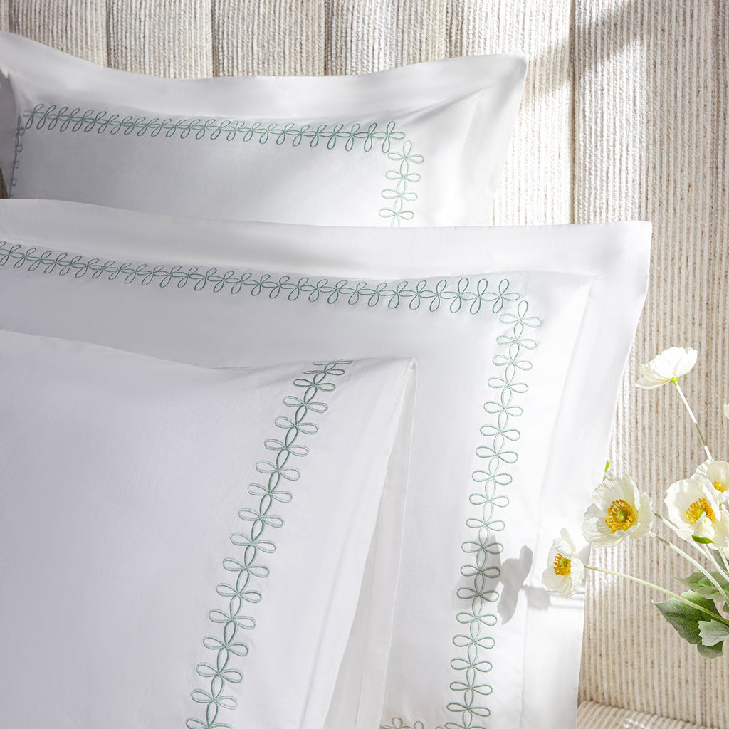 Milano Sea Spray Green Knot Embroidered 600 Thread Count Cotton Sateen Regular Pillowcases - Pair