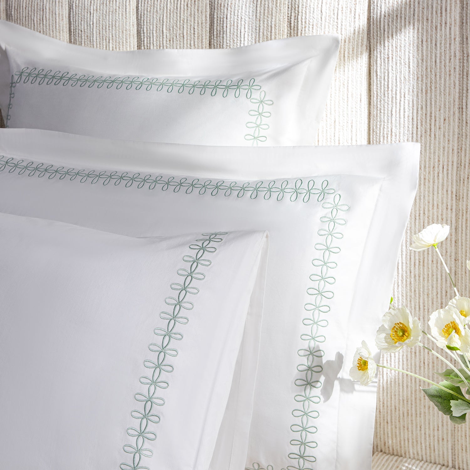 Milano Sea Spray Green Knot Embroidered 600 Thread Count Cotton Sateen Regular Pillowcases - Pair