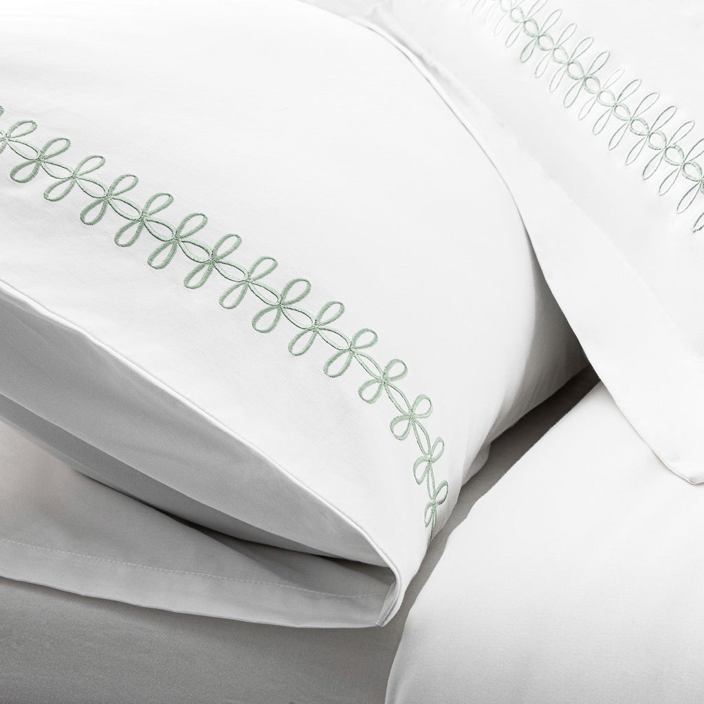 Milano Sea Spray Green Knot Embroidered 600 Thread Count Cotton Sateen Regular Pillowcases - Pair