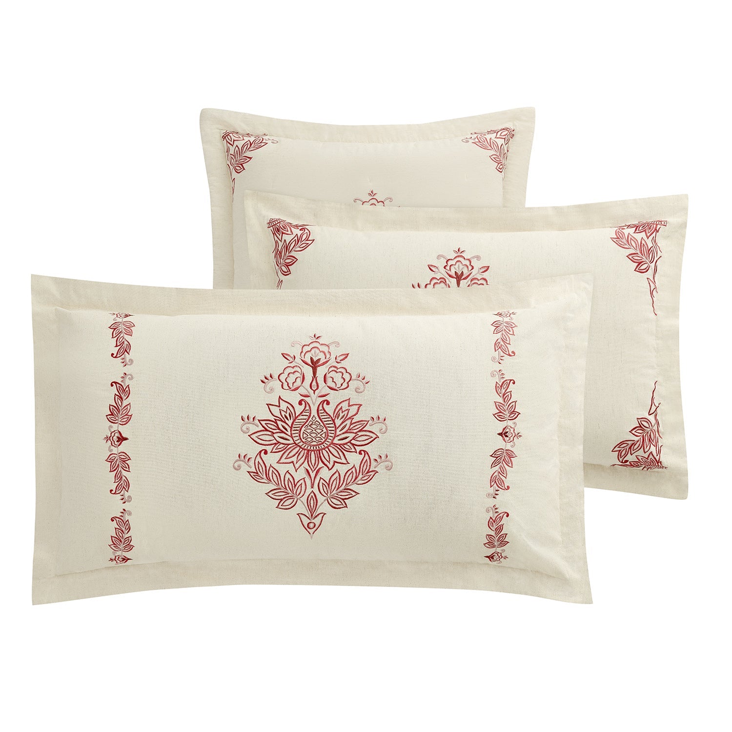 Isadora Garnet Red Damask Embroidered Linen Blend Regular Pillowcases - Pair