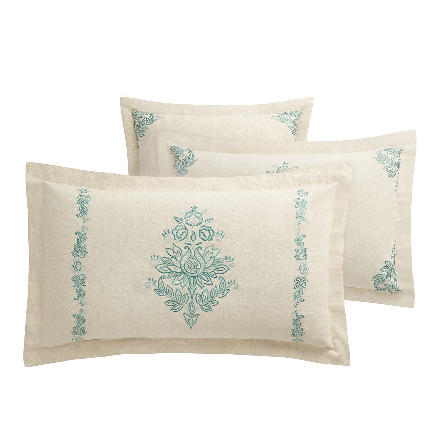 Isadora Teal Damask Embroidered Linen Blend Regular Pillowcases - Pair