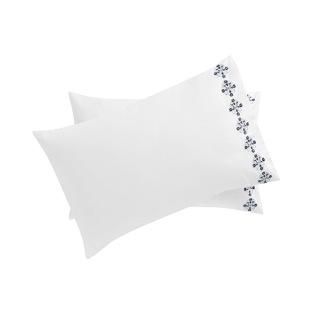 Kingsbury Navy & Powder Blue Heritage Embroidered 600 Thread Count Cotton Sateen Regular Pillowcases - Pair
