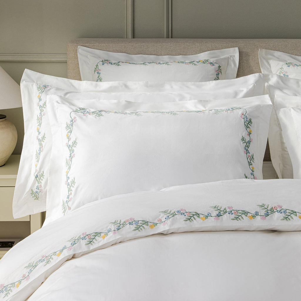 Meadow White Floral Embroidered 300 Thread Count Cotton Percale Regular Oxford Pillowcases - Pair