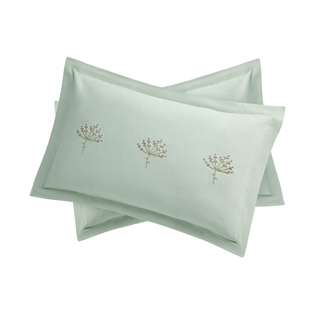 Meadow Seafoam Green Sprig Embroidered Linen Blend Regular Oxford Pillowcases - Pair