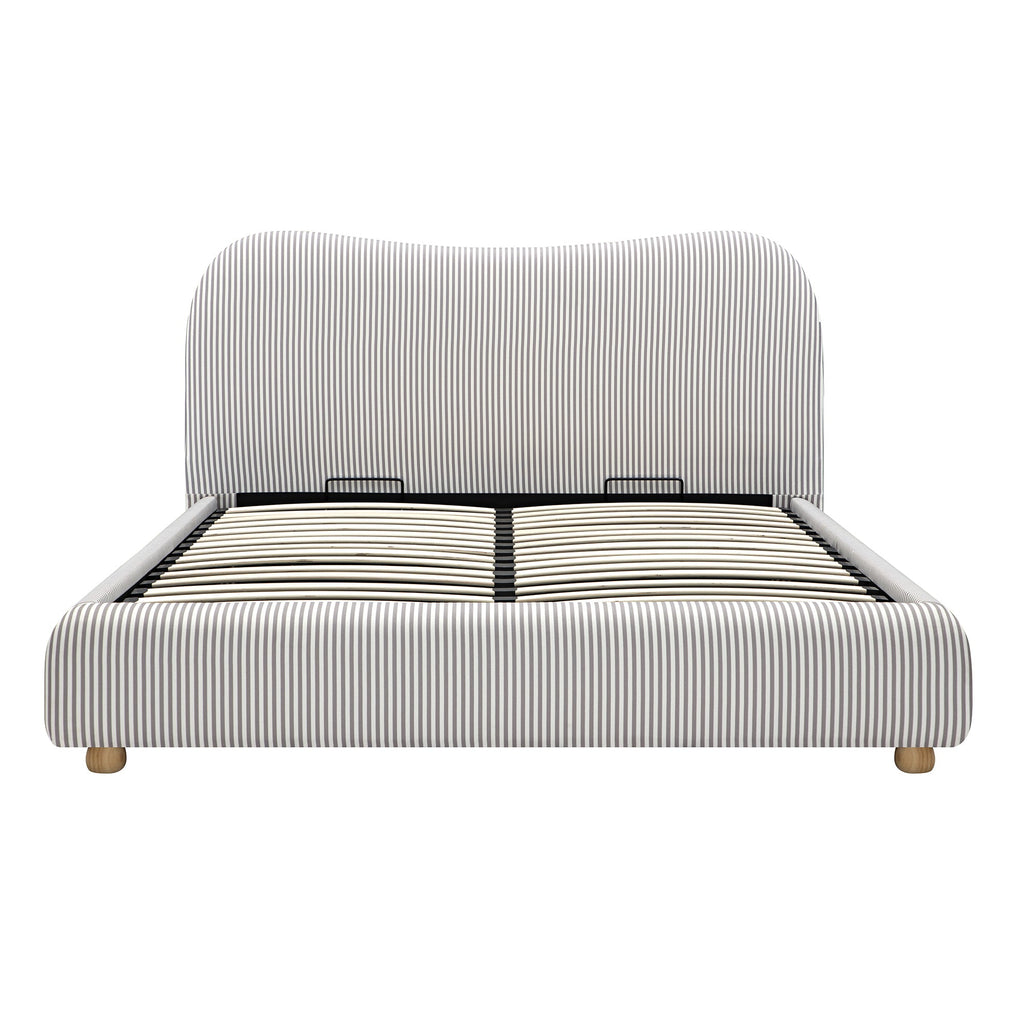 Egerie Curved Headboard Light Taupe Striped Fabric Ottoman Storage Bed