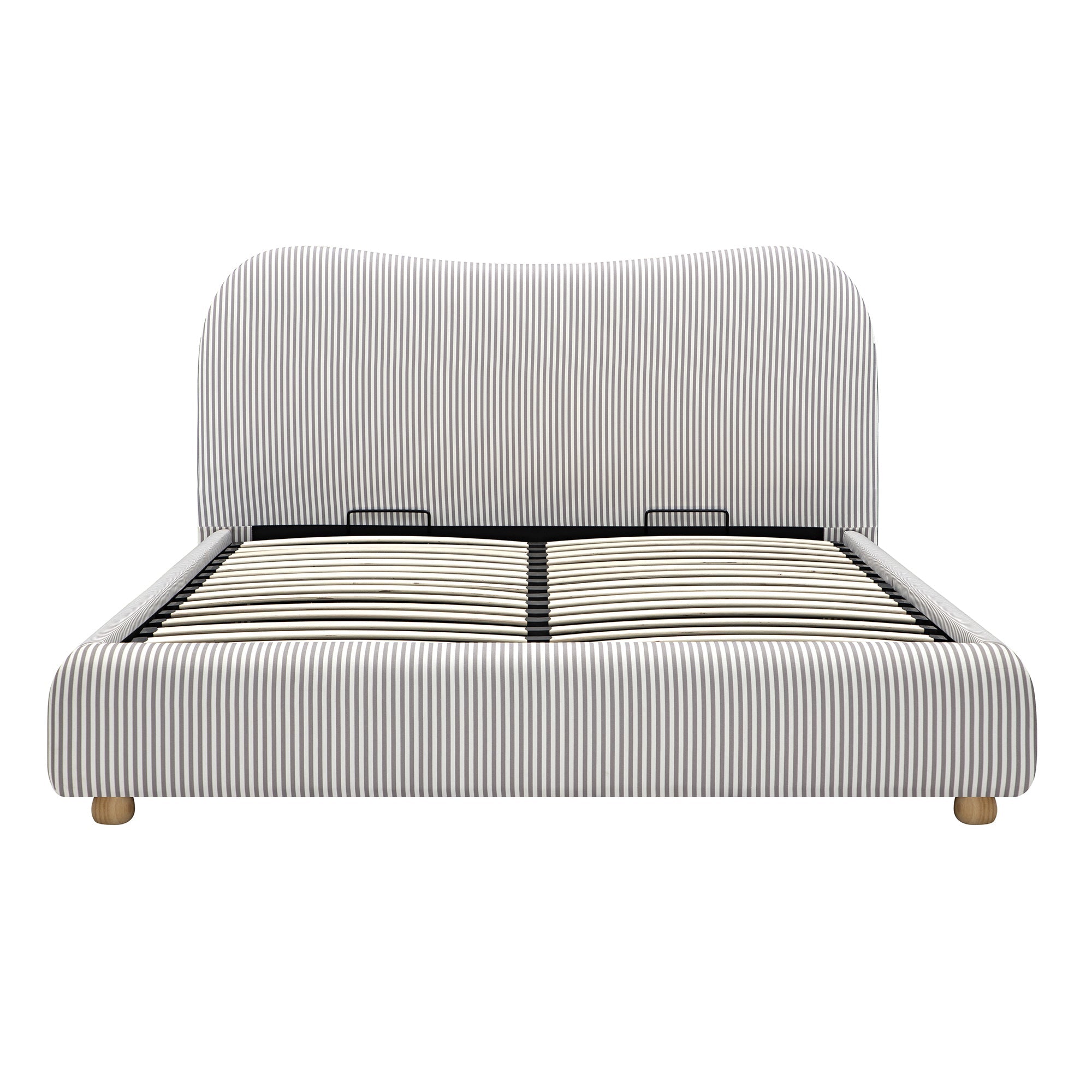 Egerie Curved Headboard Light Taupe Striped Fabric Ottoman Storage Bed