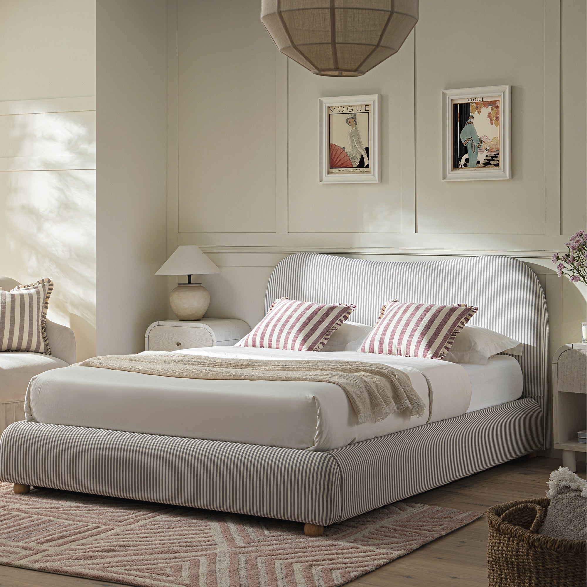 Egerie Curved Headboard Light Taupe Striped Fabric Ottoman Storage Bed