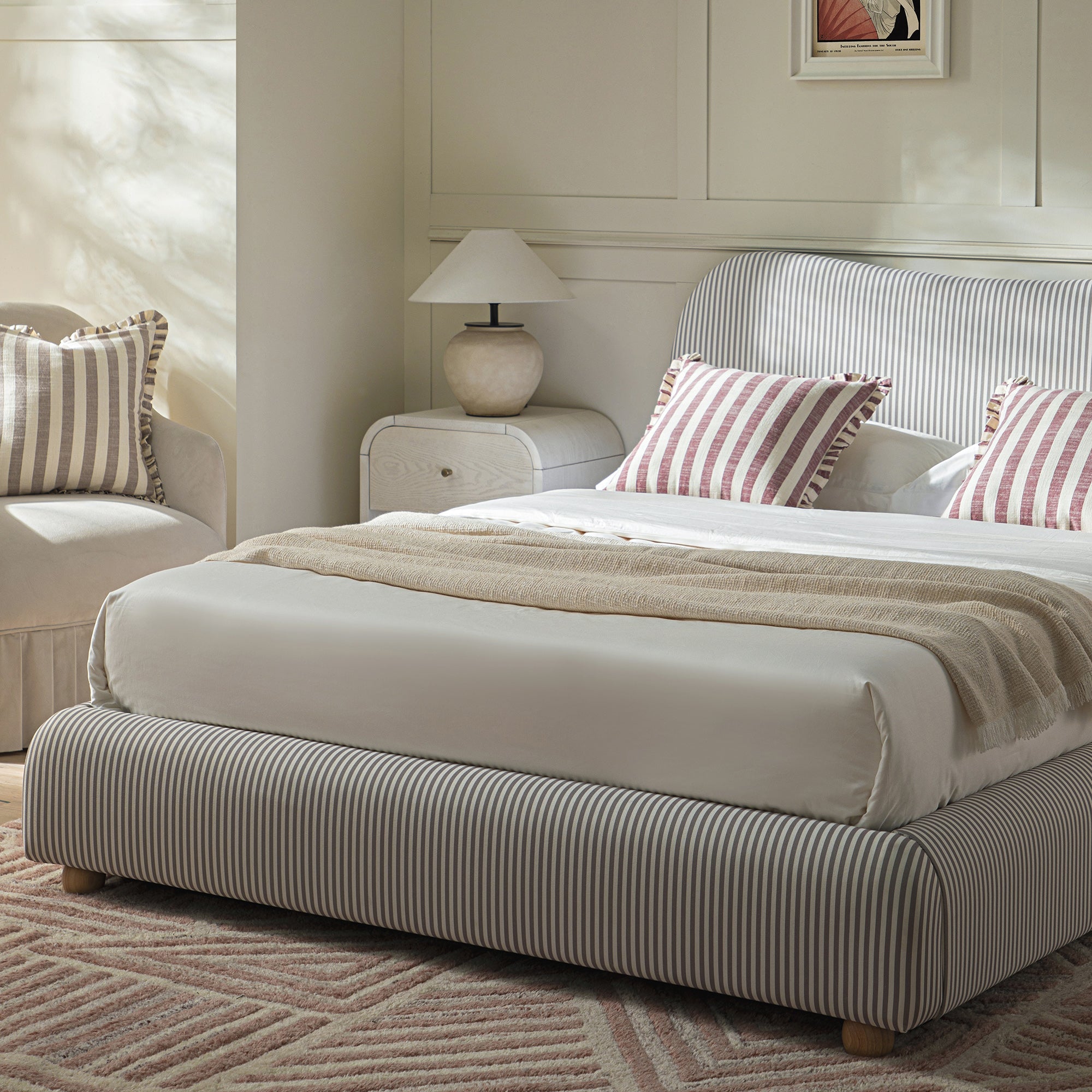 Egerie Curved Headboard Light Taupe Striped Fabric Ottoman Storage Bed