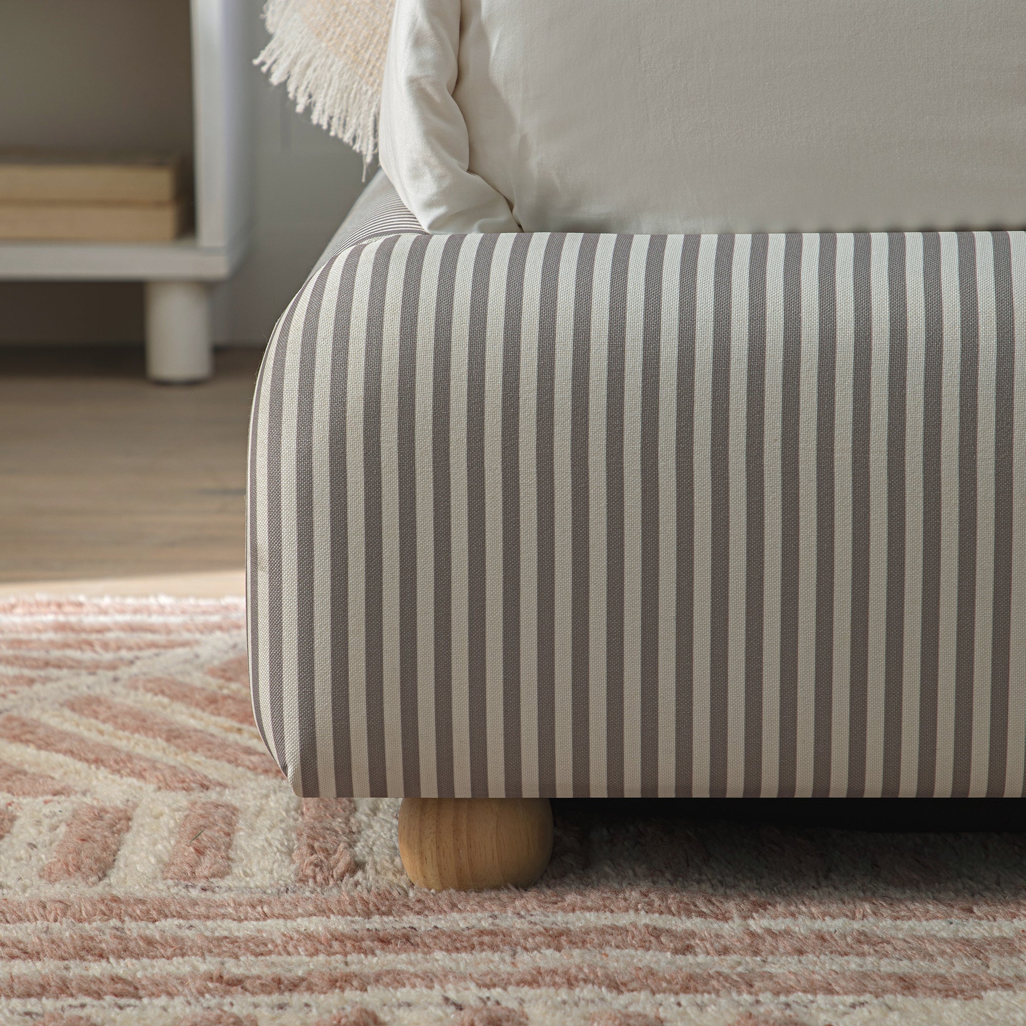 Egerie Curved Headboard Light Taupe Striped Fabric Ottoman Storage Bed