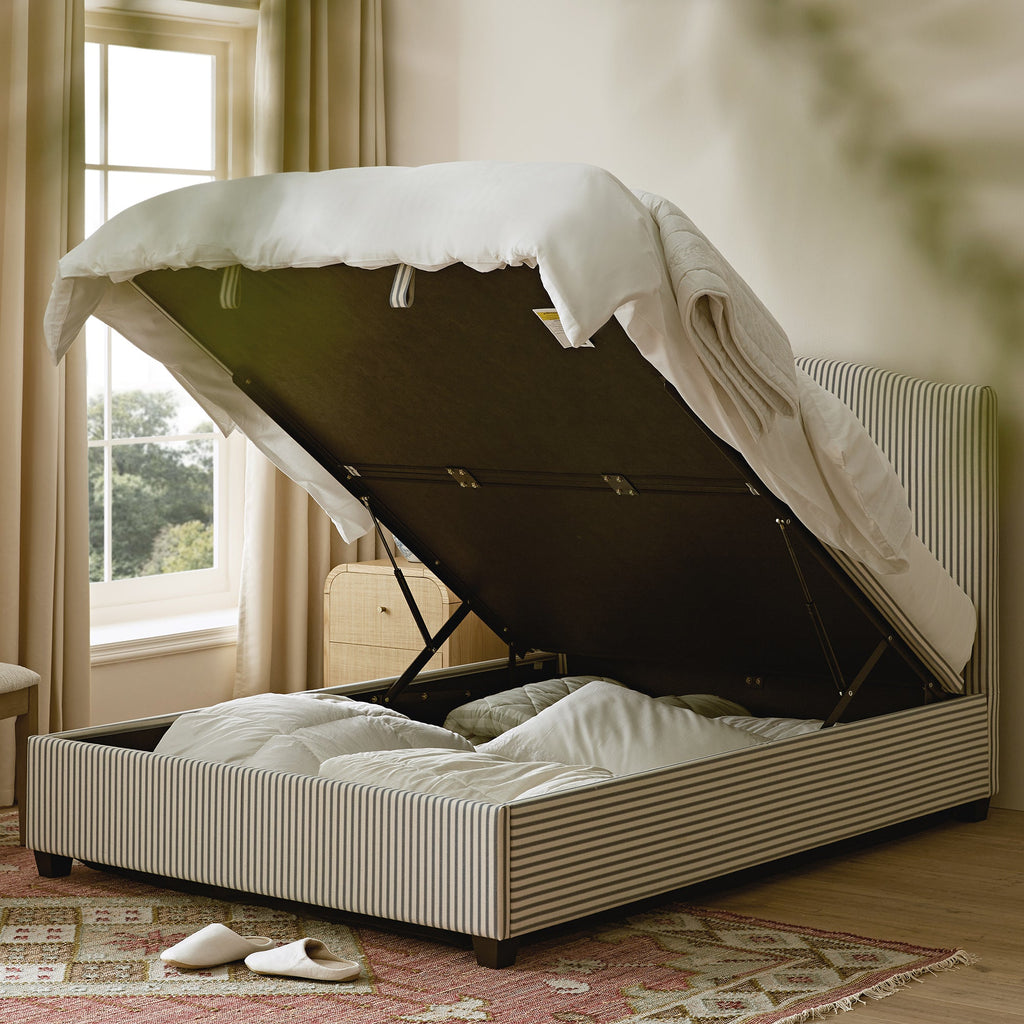 Chilworth Upholstered Ottoman Storage Bed, Blue Stripe Linen Blend