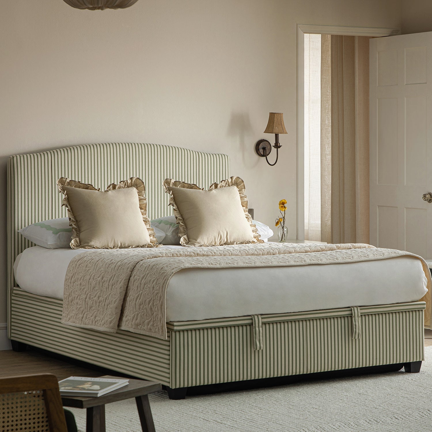 Chilworth Upholstered Ottoman Storage Bed, Green Stripe Linen Blend