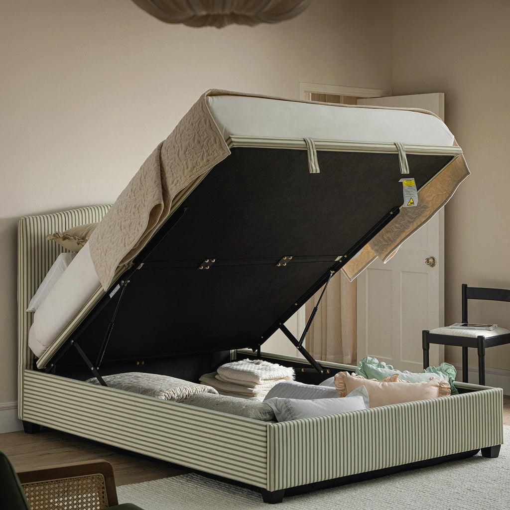 Chilworth Upholstered Ottoman Storage Bed, Green Stripe Linen Blend