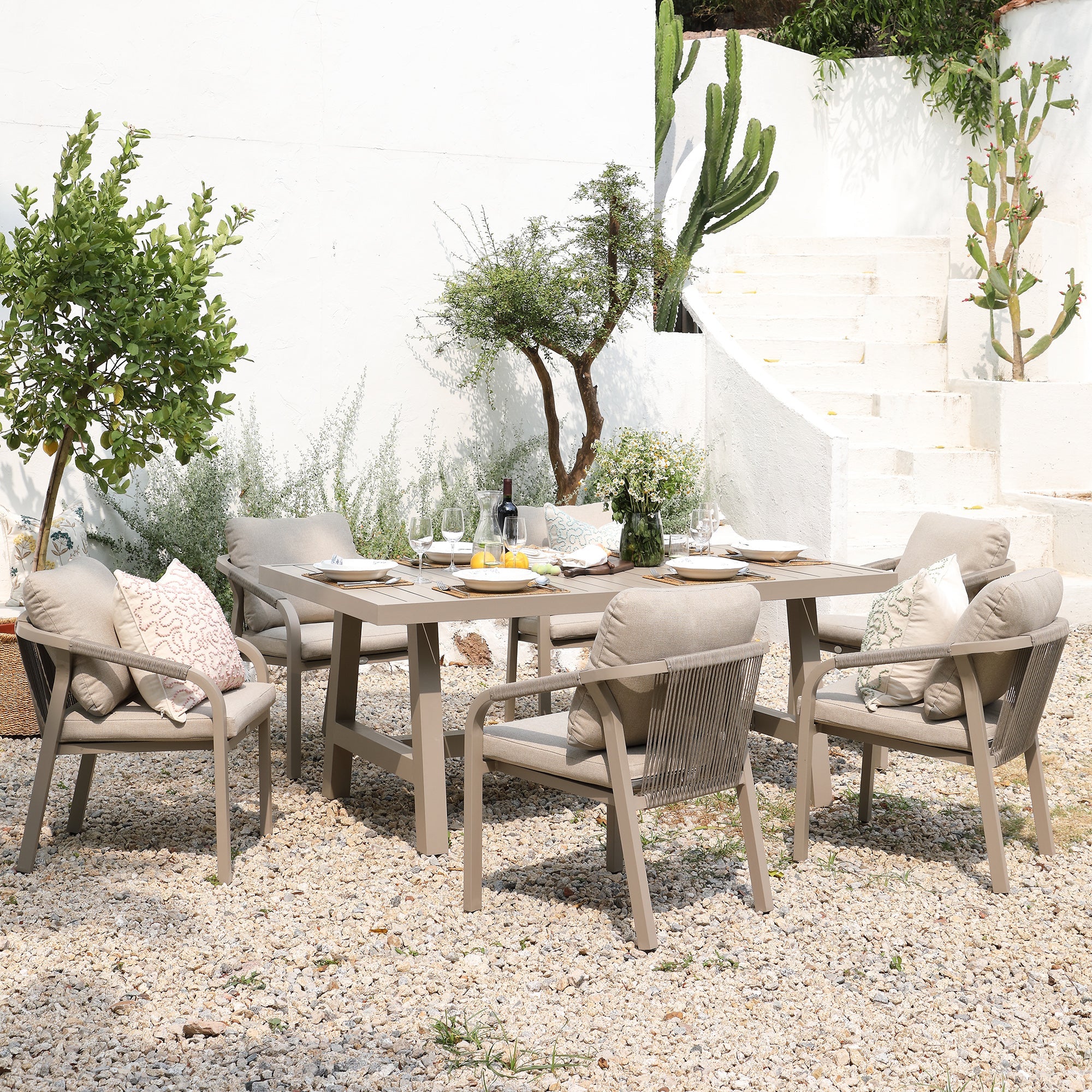 Manresa Rope 6-Seater Rectangular Dining Set, Taupe and Beige