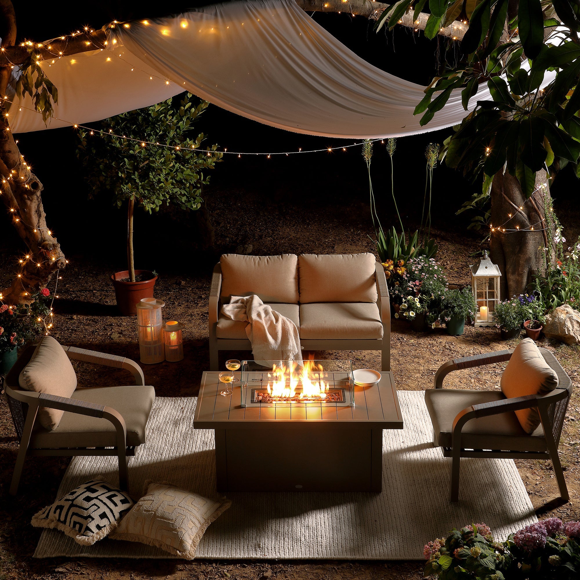 Manresa Rope 5-Seater Firepit Sofa Set, Taupe and Beige