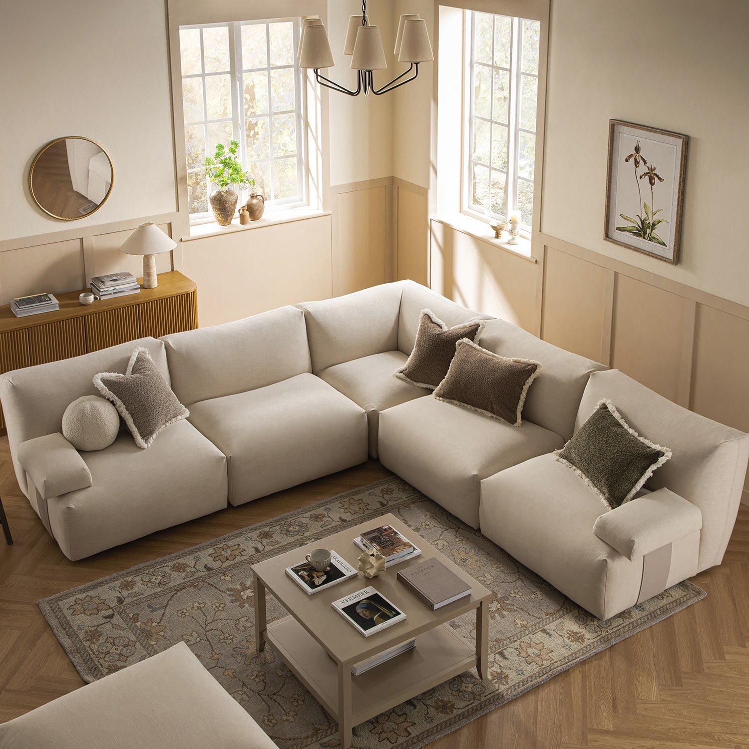 Carlyle Beige Cotton Blend Modular Sofa, Large Corner Set