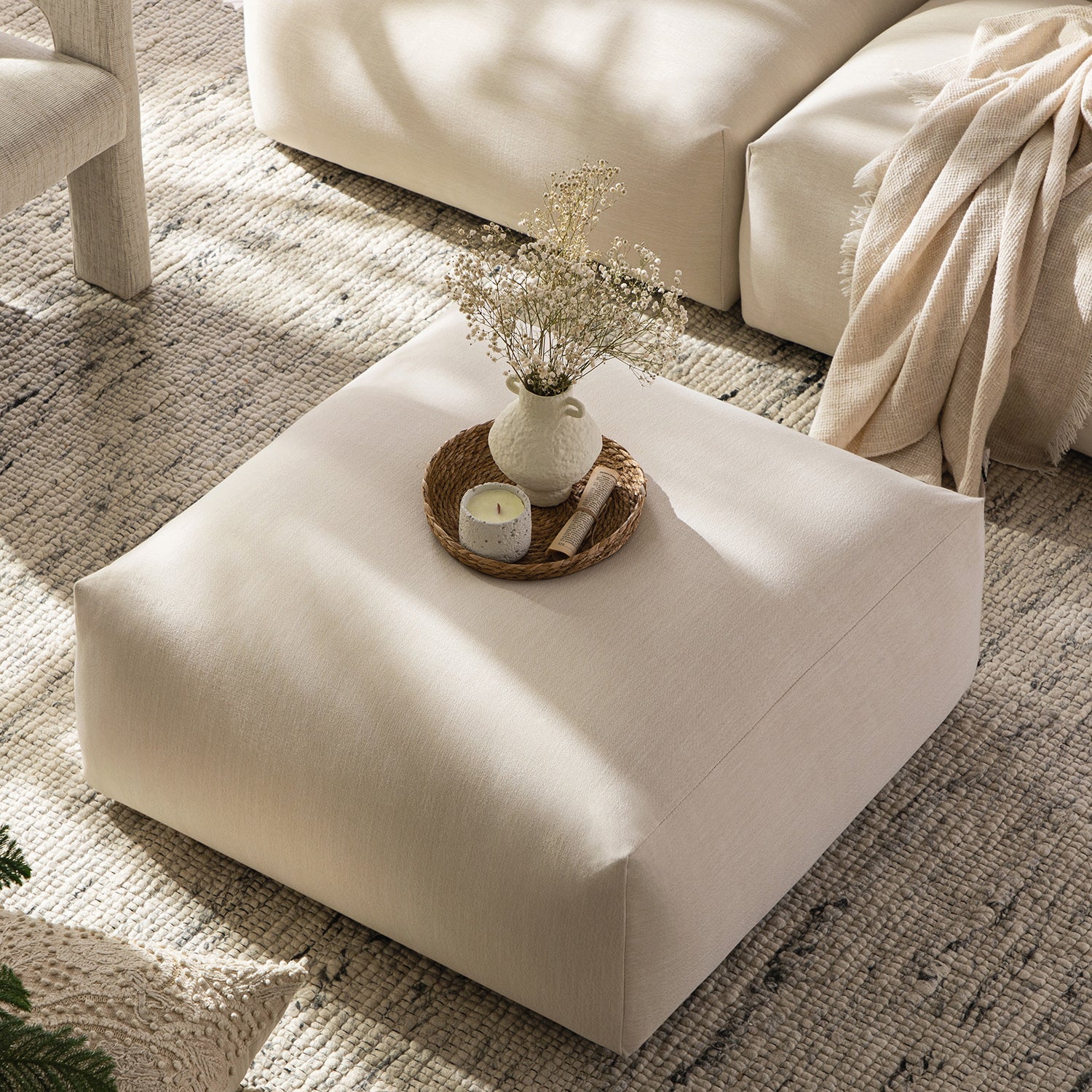 Carlyle Beige Cotton Blend Modular Sofa, Stool