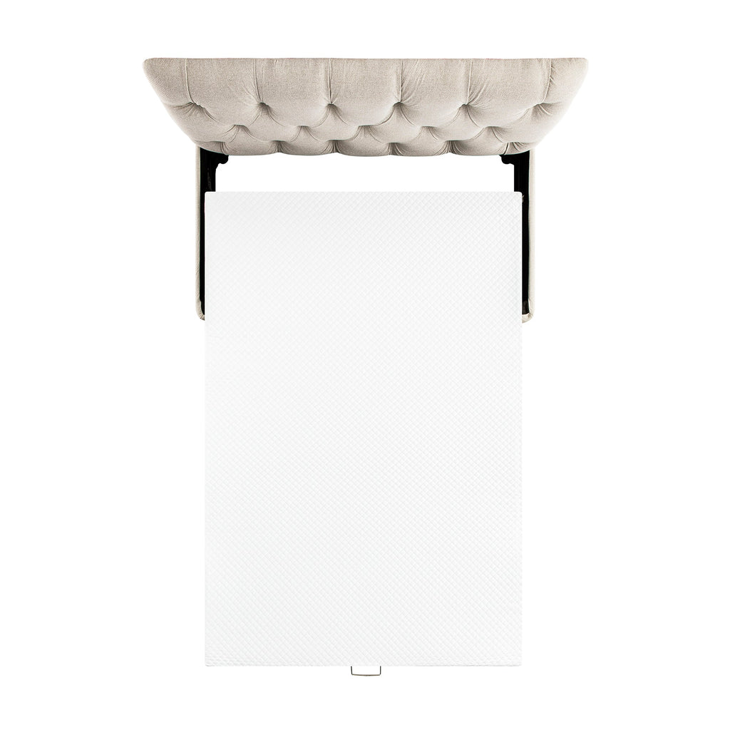 Portland Small Double Buttoned Fold-Out Bed in Ottoman, Beige Woven Fabric