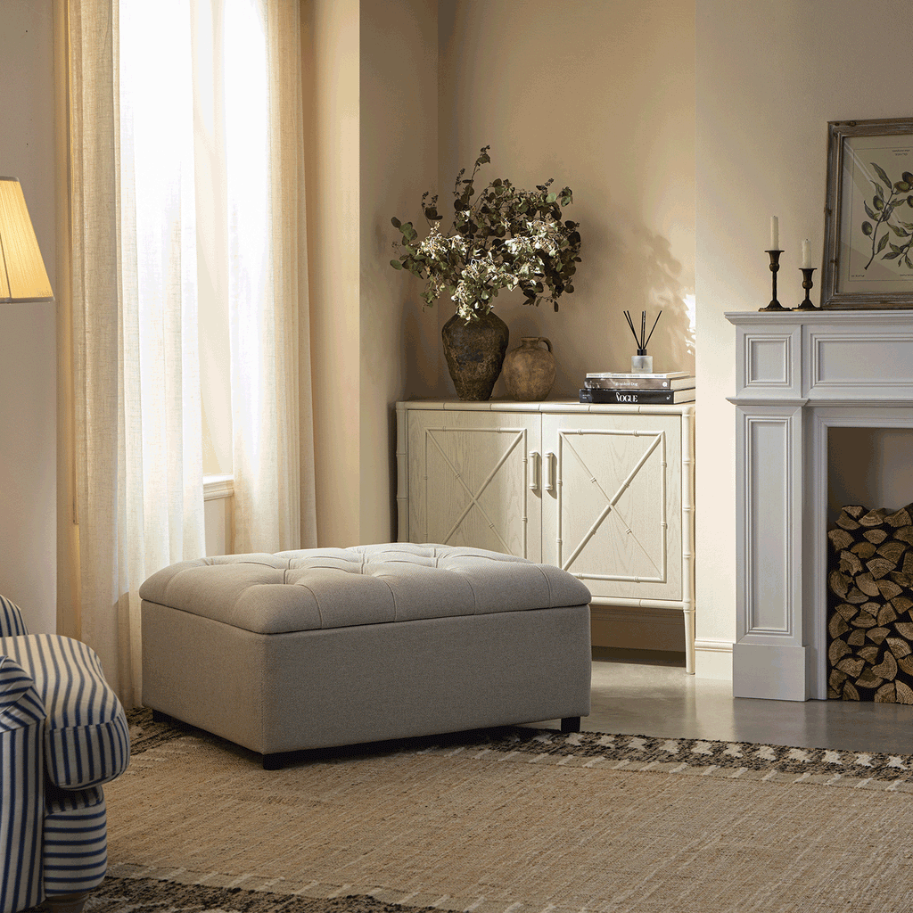 Portland Single Buttoned Fold-Out Bed in Ottoman, Beige Woven Fabric