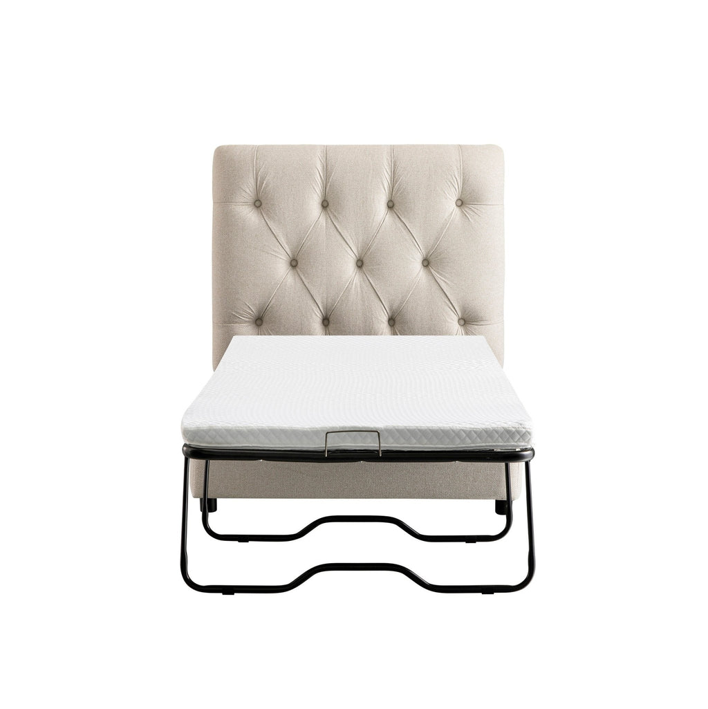 Portland Single Buttoned Fold-Out Bed in Ottoman, Beige Woven Fabric