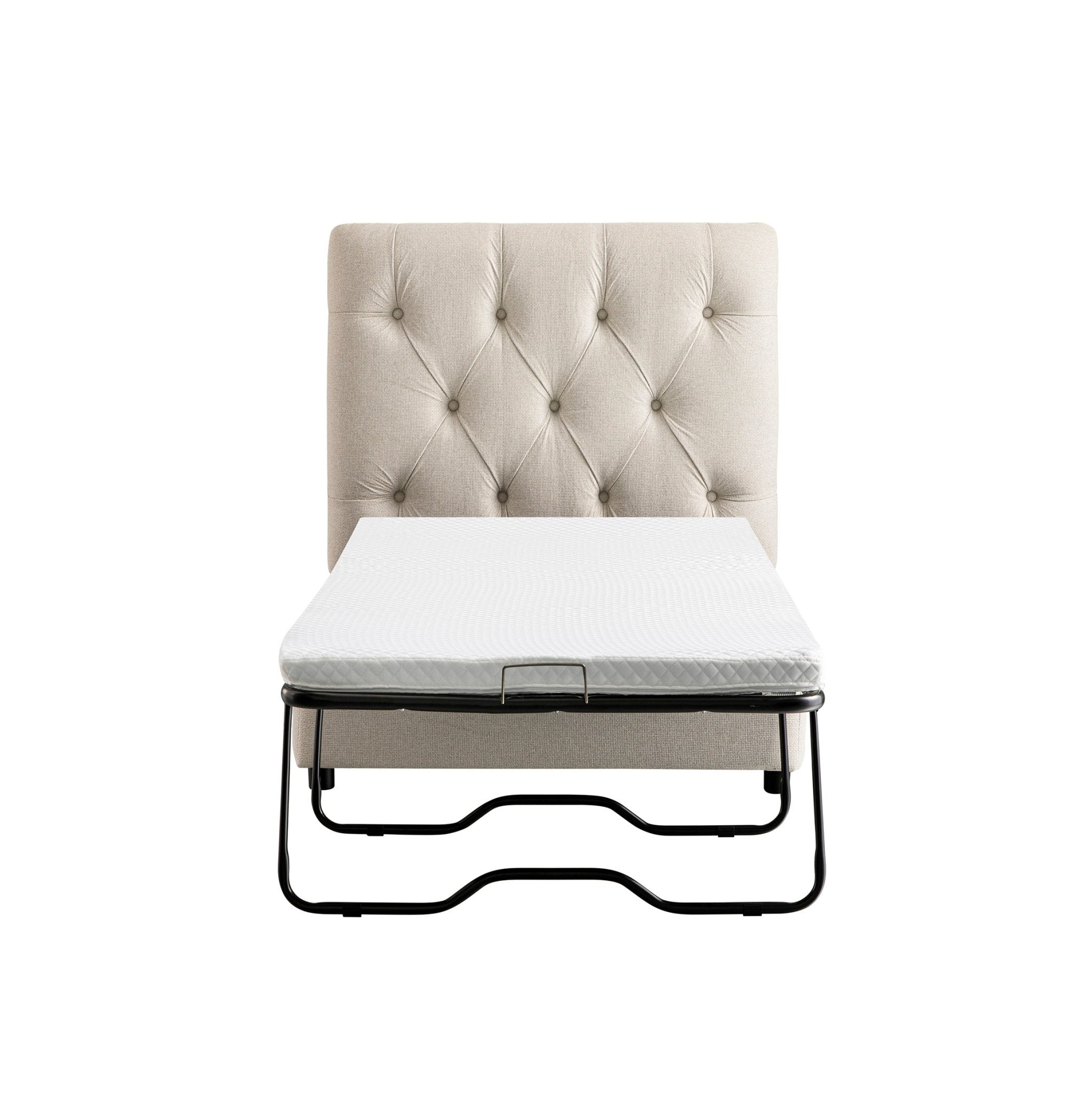 Portland Single Buttoned Fold-Out Bed in Ottoman, Beige Woven Fabric