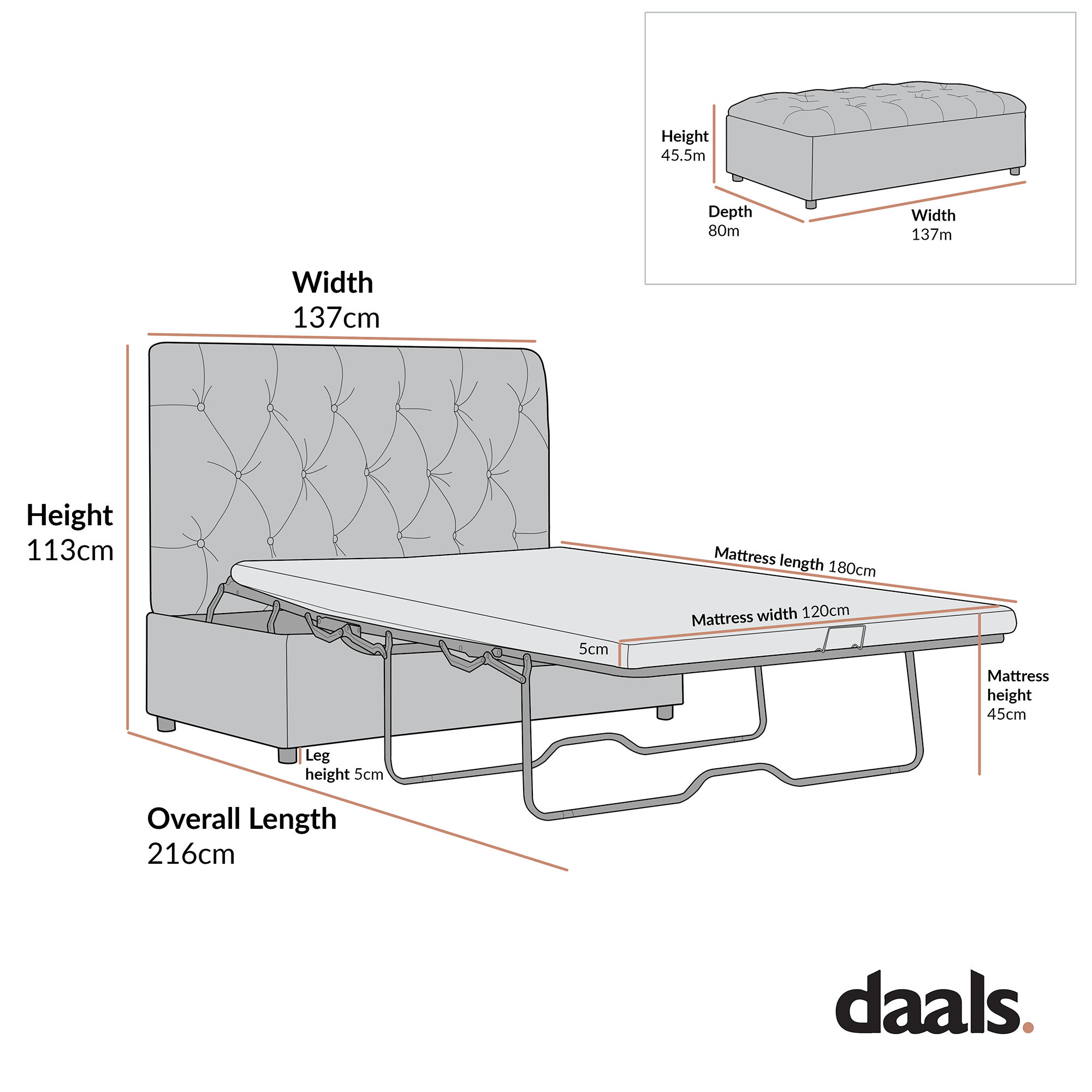 Portland Small Double Buttoned Fold-Out Bed in Ottoman, Tan Faux Suede
