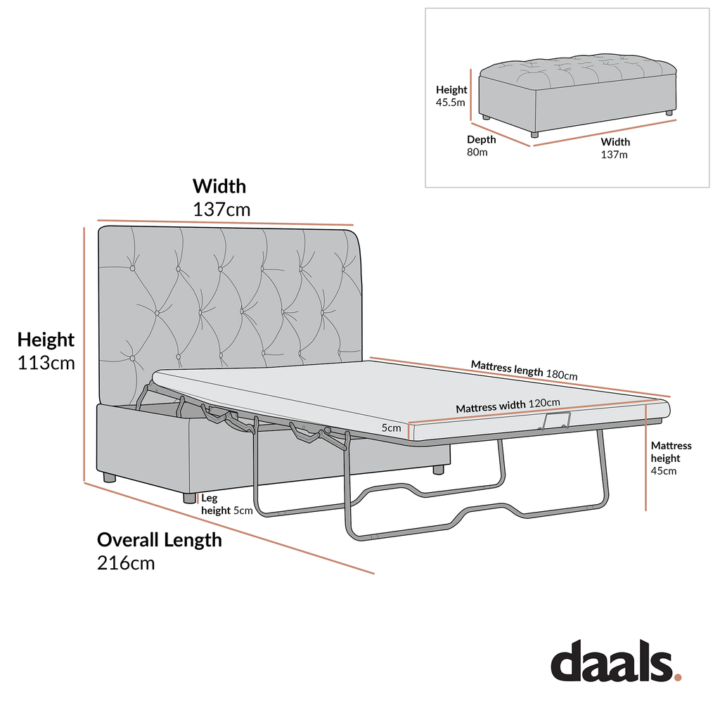 Portland Small Double Buttoned Fold-Out Bed in Ottoman, Rust Velvet