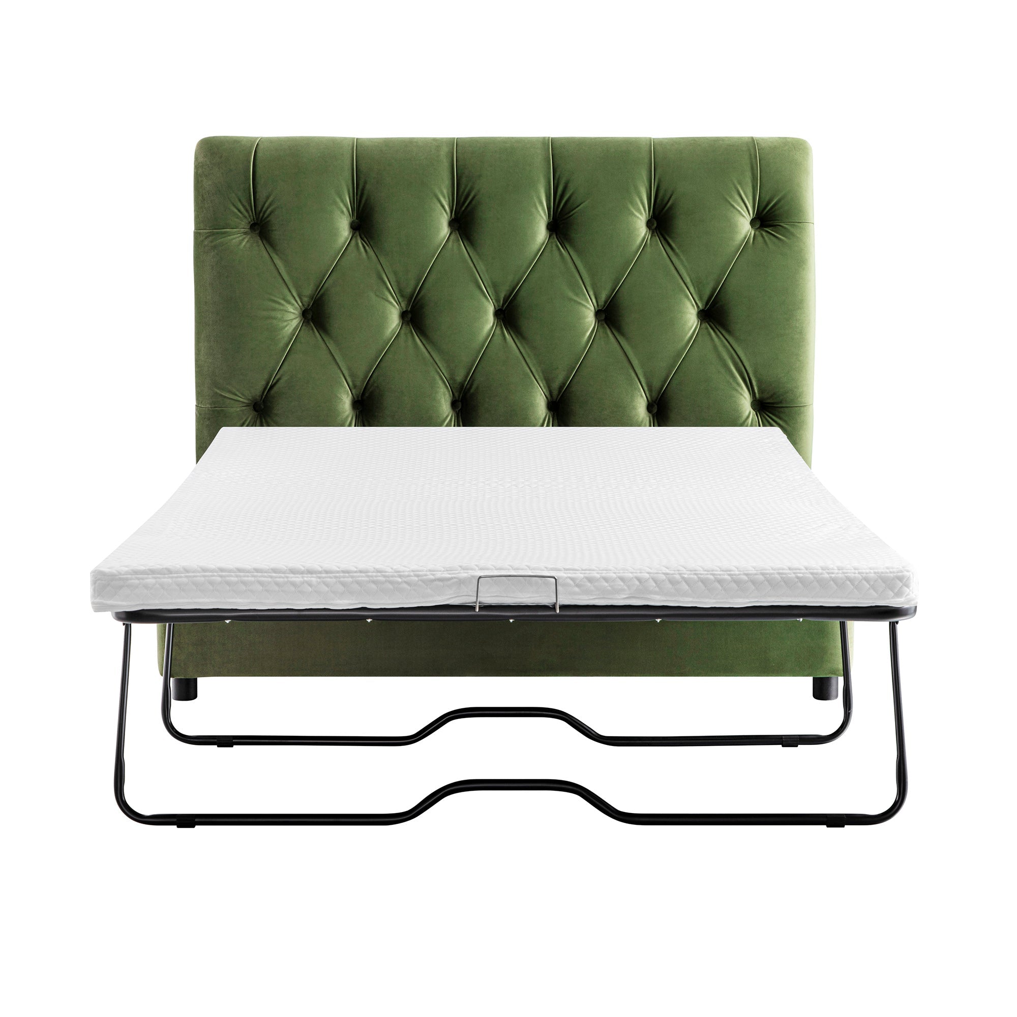 Portland Small Double Buttoned Fold-Out Bed in Ottoman, Moss Green Velvet