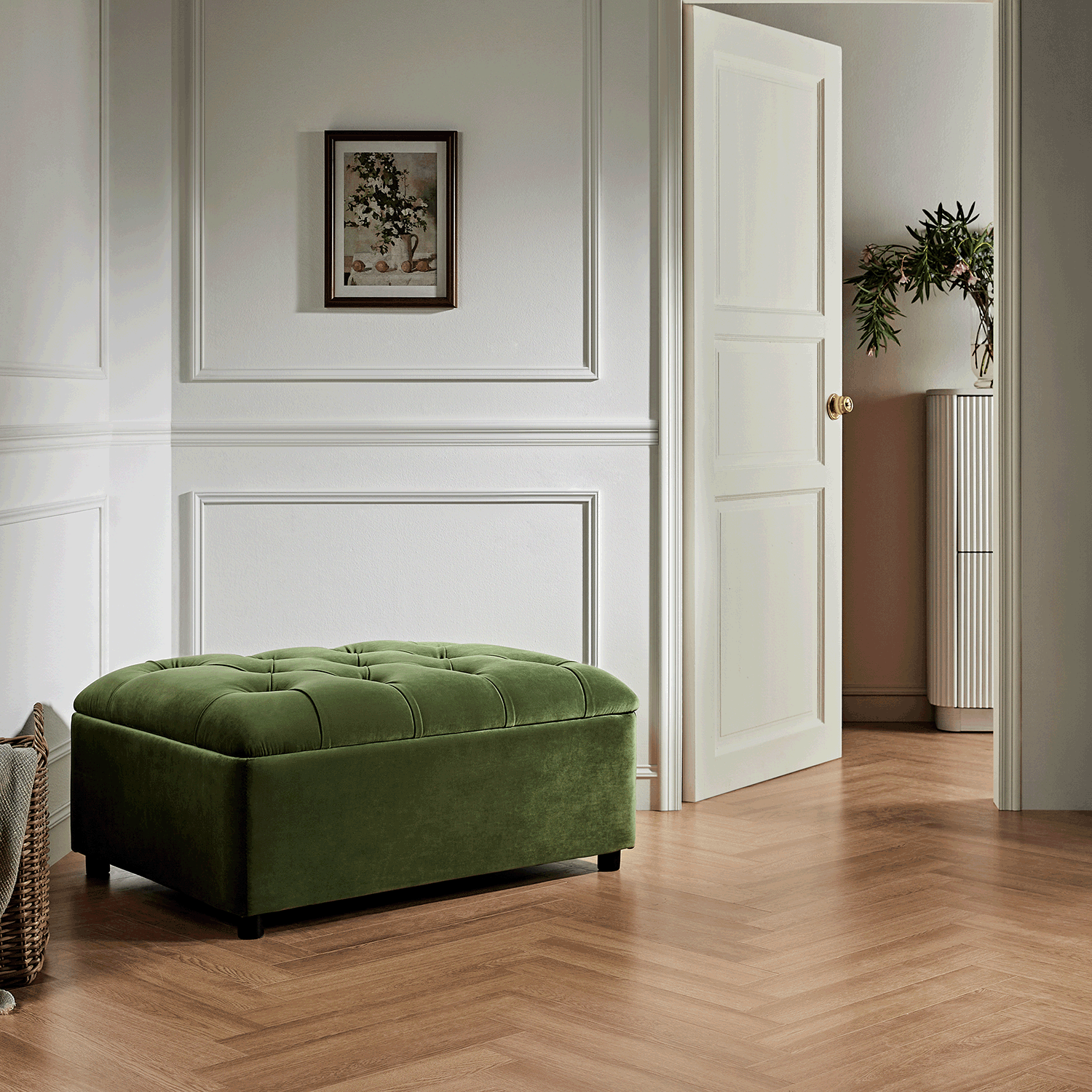 Portland Single Buttoned Fold-Out Bed in Ottoman, Moss Green Velvet