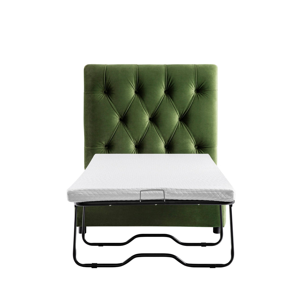 Portland Single Buttoned Fold-Out Bed in Ottoman, Moss Green Velvet