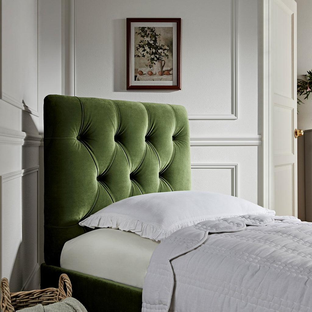 Portland Single Buttoned Fold-Out Bed in Ottoman, Moss Green Velvet